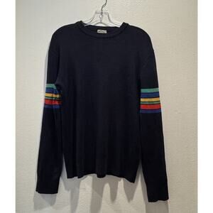 Vintage Bogner Navy Blue Rainbow Schurwool Pullover Ski Sweater Retro READ